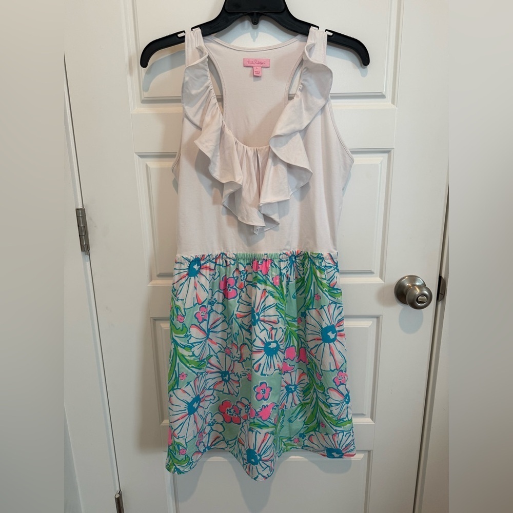 Lilly Pulitzer White Tank Midi Dress with Blue, Pink & Green Floral Skirt